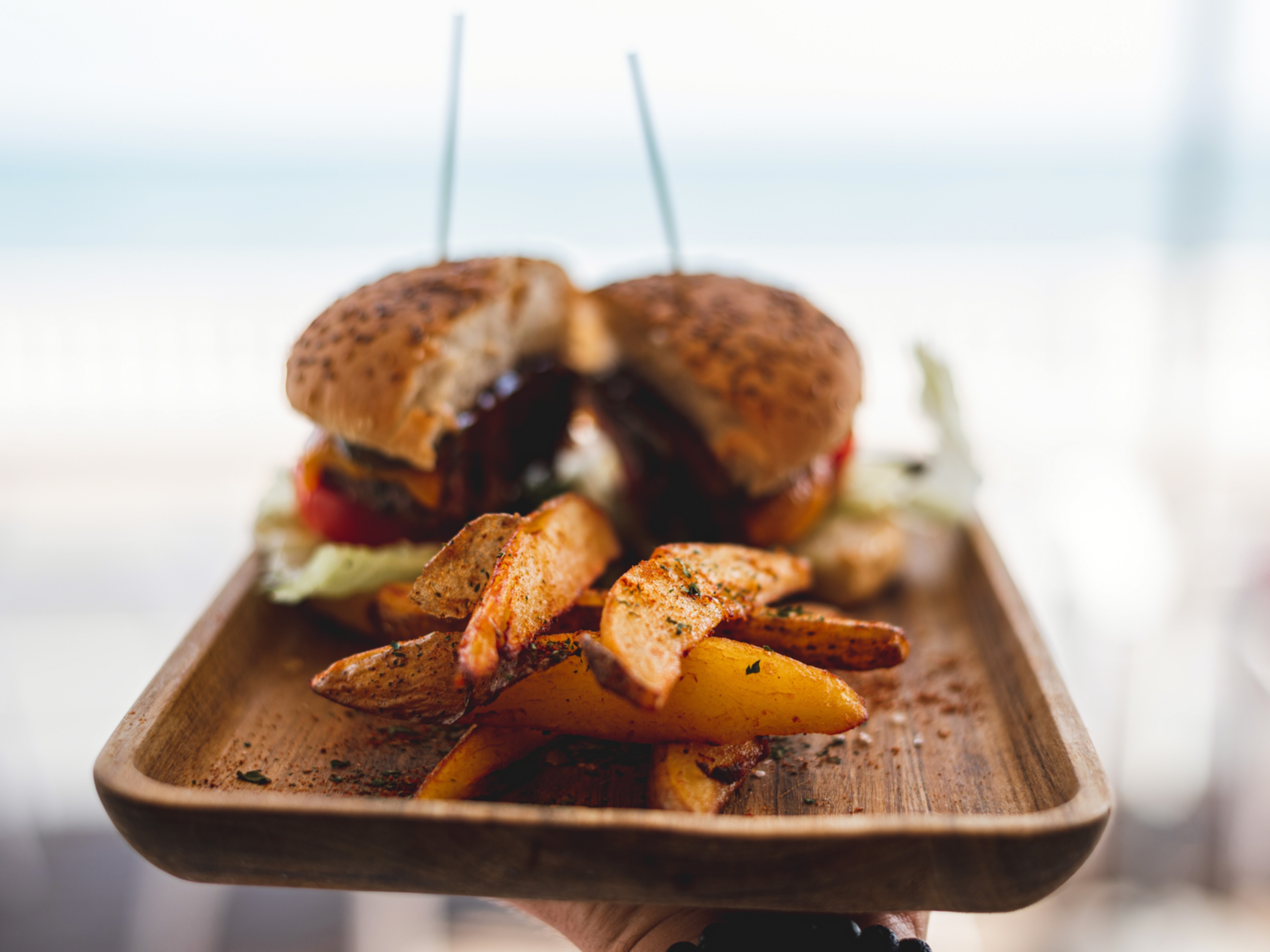 Steak burger with potato wedges